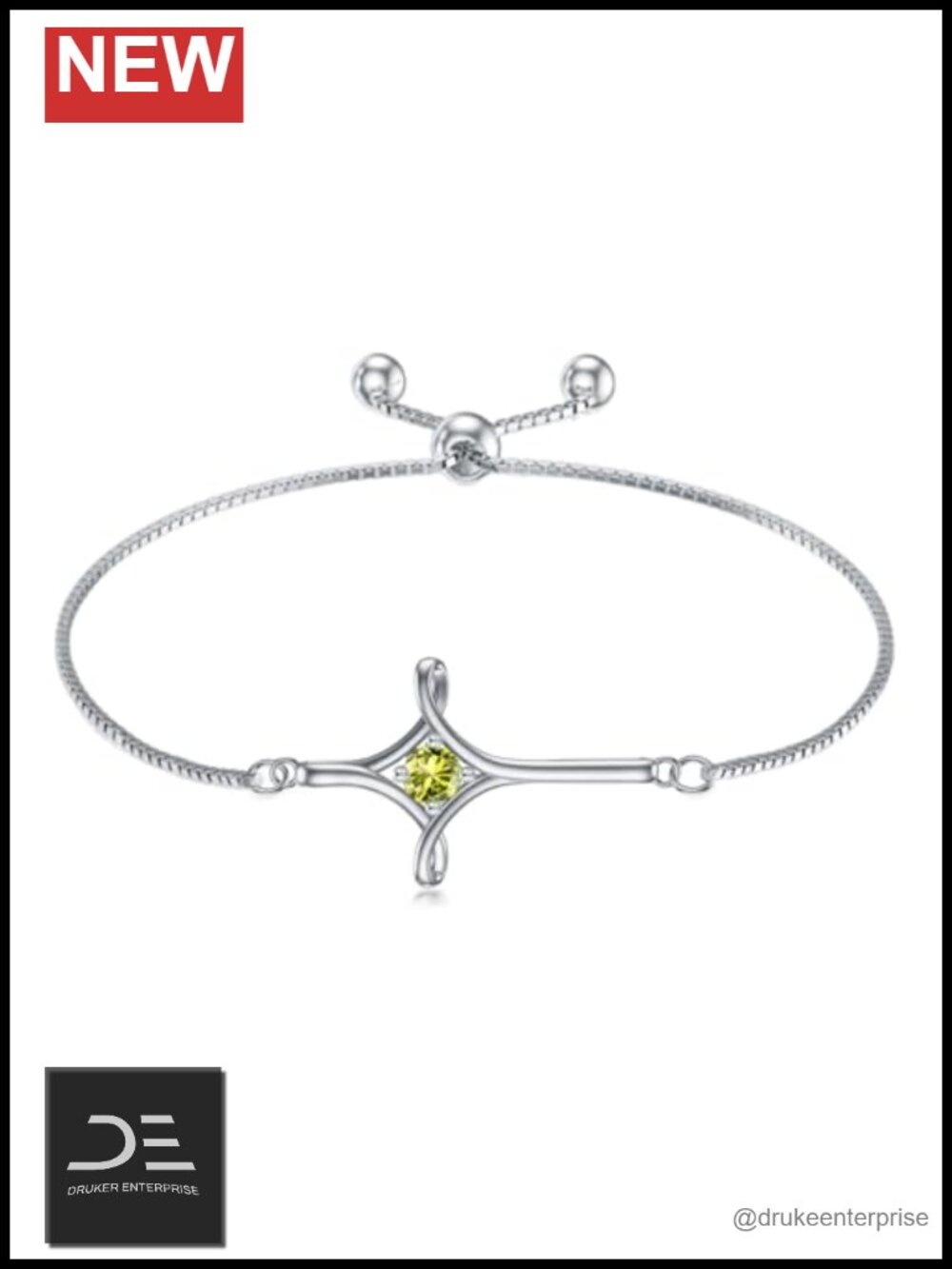 925 Sterling Silver Infinity Cross Birthstone Bracelet Women Adjustable Peridot